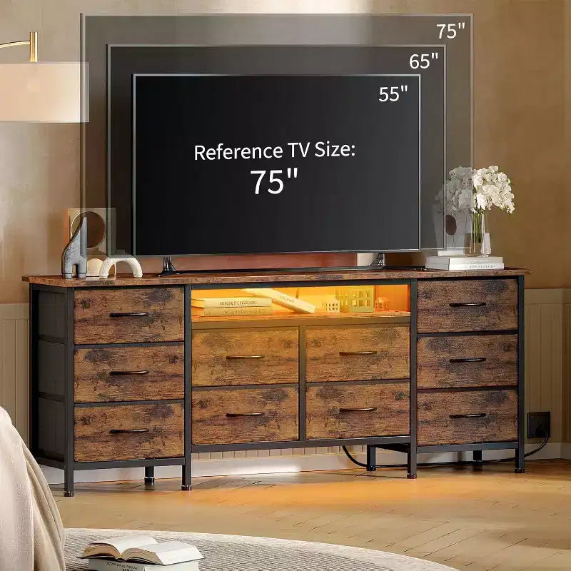 Mobile TV per televisori da 65-75 pollici, comò lungo a 10 cassetti con prese di corrente e luci LED, mobile TV centro di intrattenimento da 63 pollici con cassetti per riporre oggetti