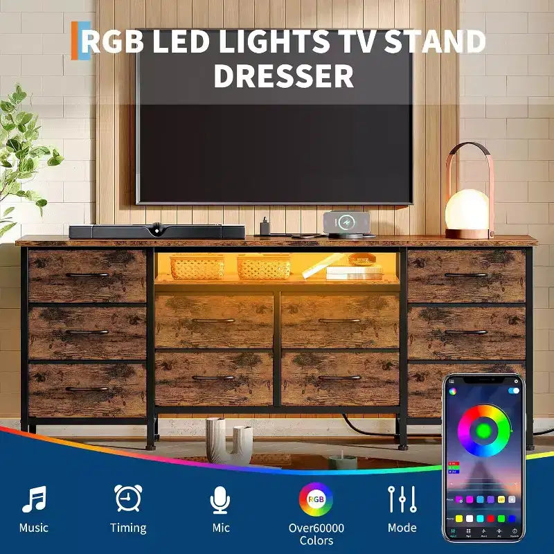 Mobile TV per televisori da 65-75 pollici, comò lungo a 10 cassetti con prese di corrente e luci LED, mobile TV centro di intrattenimento da 63 pollici con cassetti per riporre oggetti