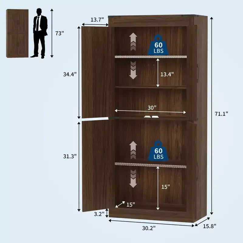 Dispensa da Cucina Alta 71", Mobile Contenitore Indipendente con Ripiani Regolabili, Armadietto in Legno per Bar da Caffè per Soggiorno Cucina