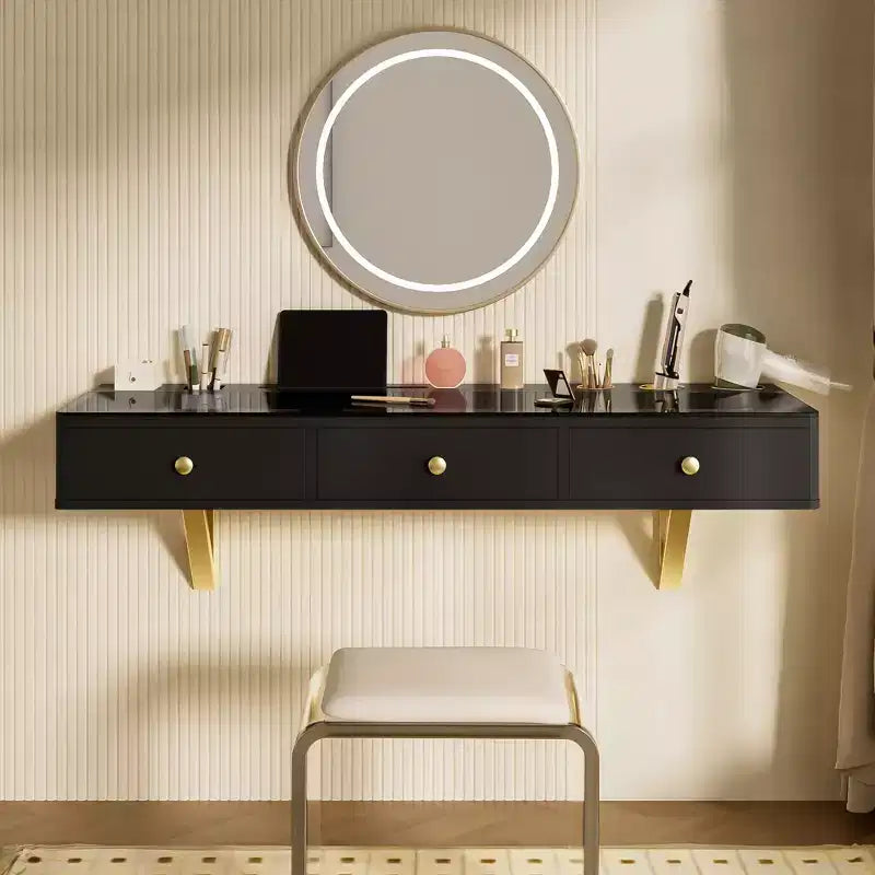 Scrivania multiuso a parete con cassetto, Toeletta per trucco con ripiano in vetro, Toeletta compatta per camera da letto, Parrucchieri