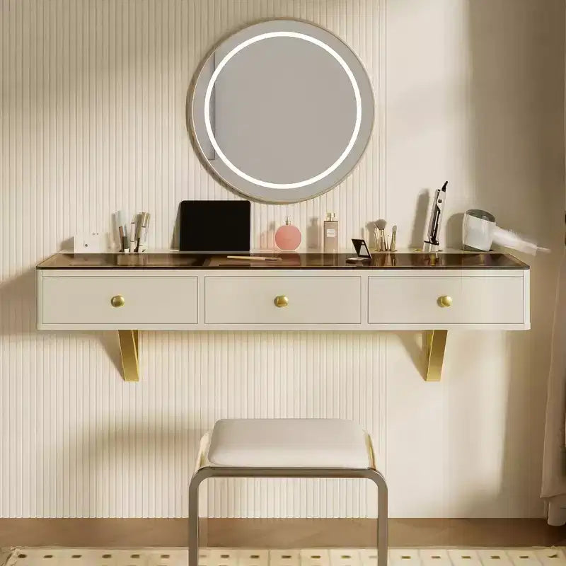 Scrivania multiuso a parete con cassetto, Toeletta per trucco con ripiano in vetro, Toeletta compatta per camera da letto, Parrucchieri