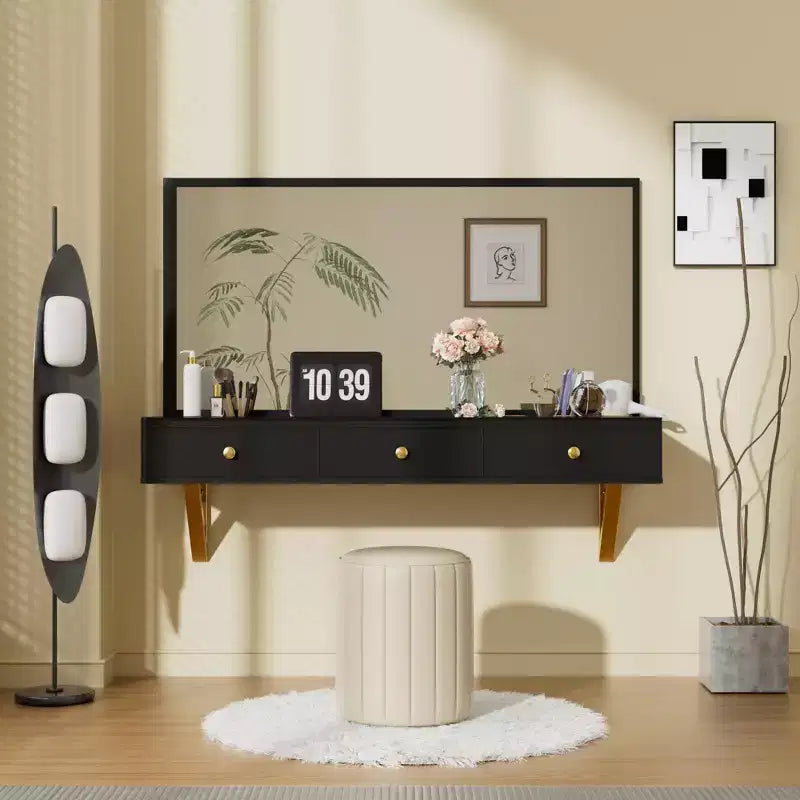 Scrivania multiuso a parete con cassetto, Toeletta per trucco con ripiano in vetro, Toeletta compatta per camera da letto, Parrucchieri