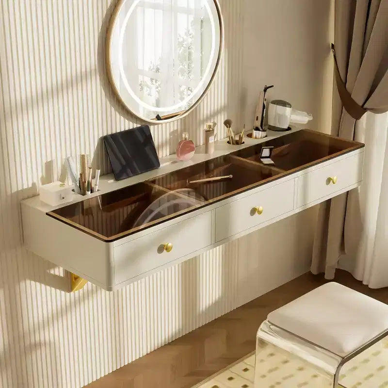 Scrivania multiuso a parete con cassetto, Toeletta per trucco con ripiano in vetro, Toeletta compatta per camera da letto, Parrucchieri