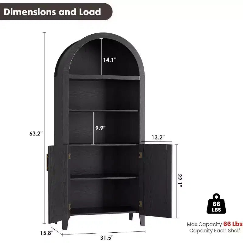 Libreria ad arco con ante - Scaffale a 5 ripiani a giorno con decorazioni in rattan, mobile contenitore moderno per libri per ufficio, soggiorno, biblioteca