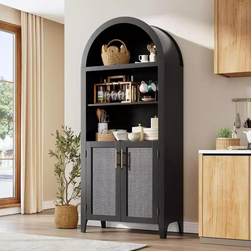 Libreria ad arco con ante - Scaffale a 5 ripiani a giorno con decorazioni in rattan, mobile contenitore moderno per libri per ufficio, soggiorno, biblioteca