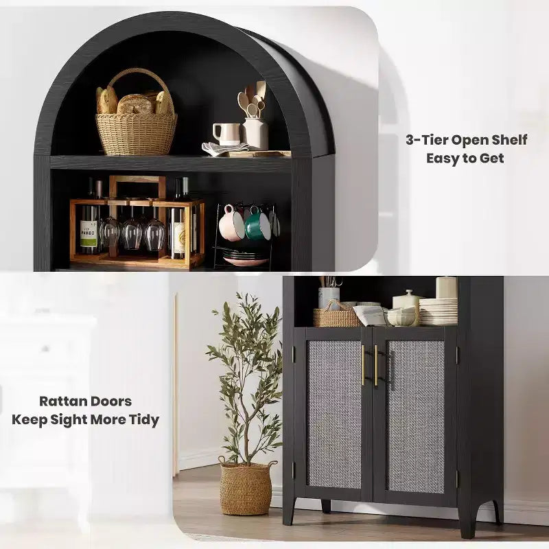 Libreria ad arco con ante - Scaffale a 5 ripiani a giorno con decorazioni in rattan, mobile contenitore moderno per libri per ufficio, soggiorno, biblioteca