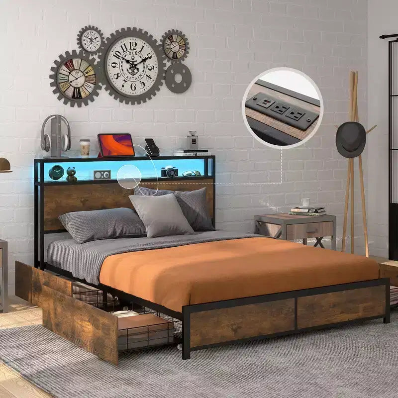 Telaio letto industriale Full/Queen con piattaforma, cassetti contenitore e testiera con luci a LED