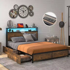 Telaio letto industriale Full/Queen con piattaforma, cassetti contenitore e testiera con luci a LED