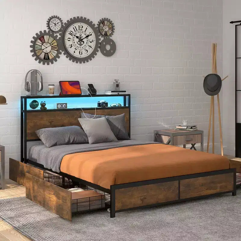 Telaio letto industriale Full/Queen con piattaforma, cassetti contenitore e testiera con luci a LED