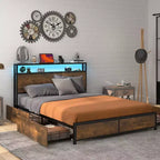 Telaio letto industriale Full/Queen con piattaforma, cassetti contenitore e testiera con luci a LED