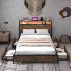 Telaio letto industriale Full/Queen con piattaforma, cassetti contenitore e testiera con luci a LED