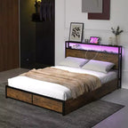 Telaio letto industriale Full/Queen con piattaforma, cassetti contenitore e testiera con luci a LED