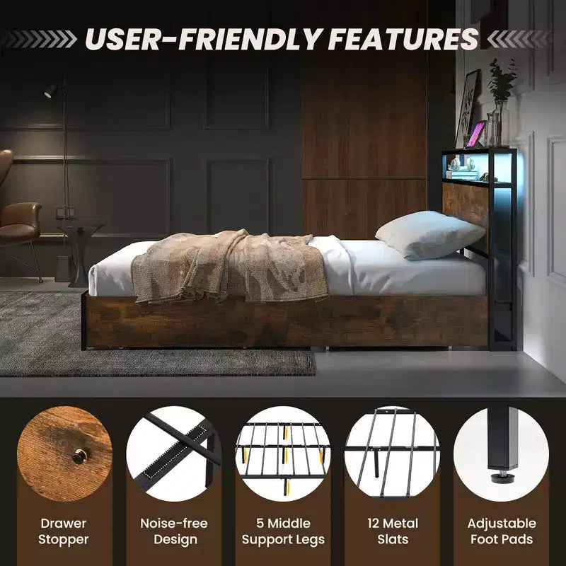 Telaio letto industriale Full/Queen con piattaforma, cassetti contenitore e testiera con luci a LED