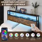 Telaio letto industriale Full/Queen con piattaforma, cassetti contenitore e testiera con luci a LED