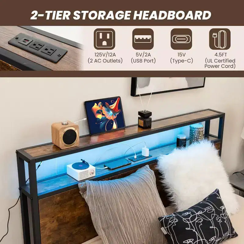 Telaio letto industriale Full/Queen con piattaforma, cassetti contenitore e testiera con luci a LED