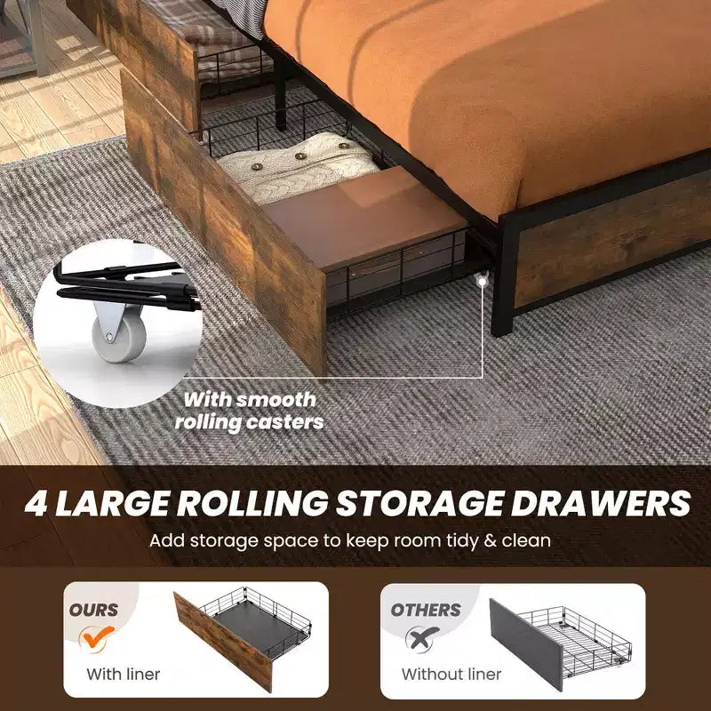 Telaio letto industriale Full/Queen con piattaforma, cassetti contenitore e testiera con luci a LED