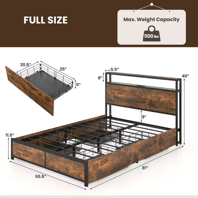 Telaio letto industriale Full/Queen con piattaforma, cassetti contenitore e testiera con luci a LED