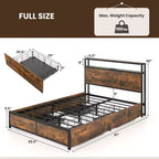 Telaio letto industriale Full/Queen con piattaforma, cassetti contenitore e testiera con luci a LED