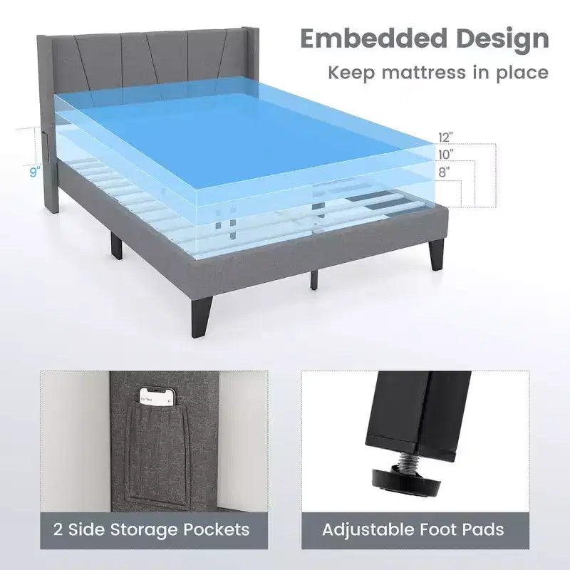 Base letto imbottita full size con tasche elastiche Materasso Foundation grigio