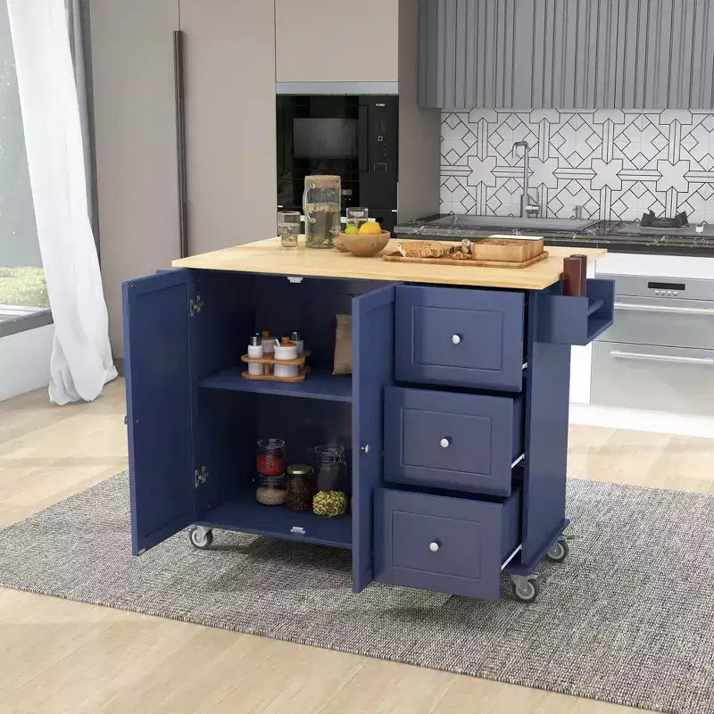Carrello da Cucina con Piano in Legno e Banco Colazione a Ribalta, Isola da Cucina Mobile su Ruote con Contenitore e Portasciugamani
