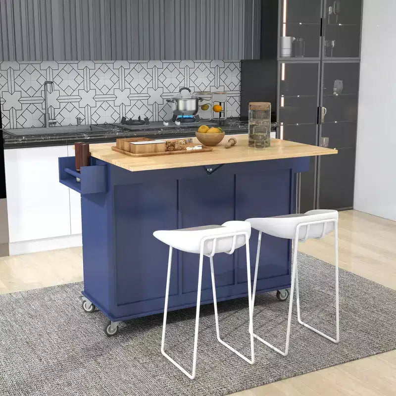 Carrello da Cucina con Piano in Legno e Banco Colazione a Ribalta, Isola da Cucina Mobile su Ruote con Contenitore e Portasciugamani