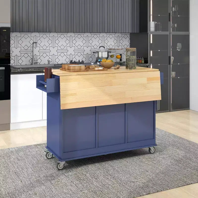Carrello da Cucina con Piano in Legno e Banco Colazione a Ribalta, Isola da Cucina Mobile su Ruote con Contenitore e Portasciugamani
