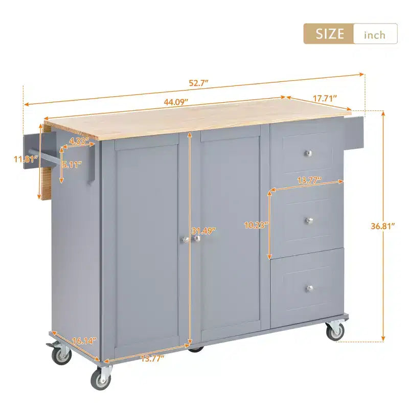Carrello da Cucina con Piano in Legno e Banco Colazione a Ribalta, Isola da Cucina Mobile su Ruote con Contenitore e Portasciugamani