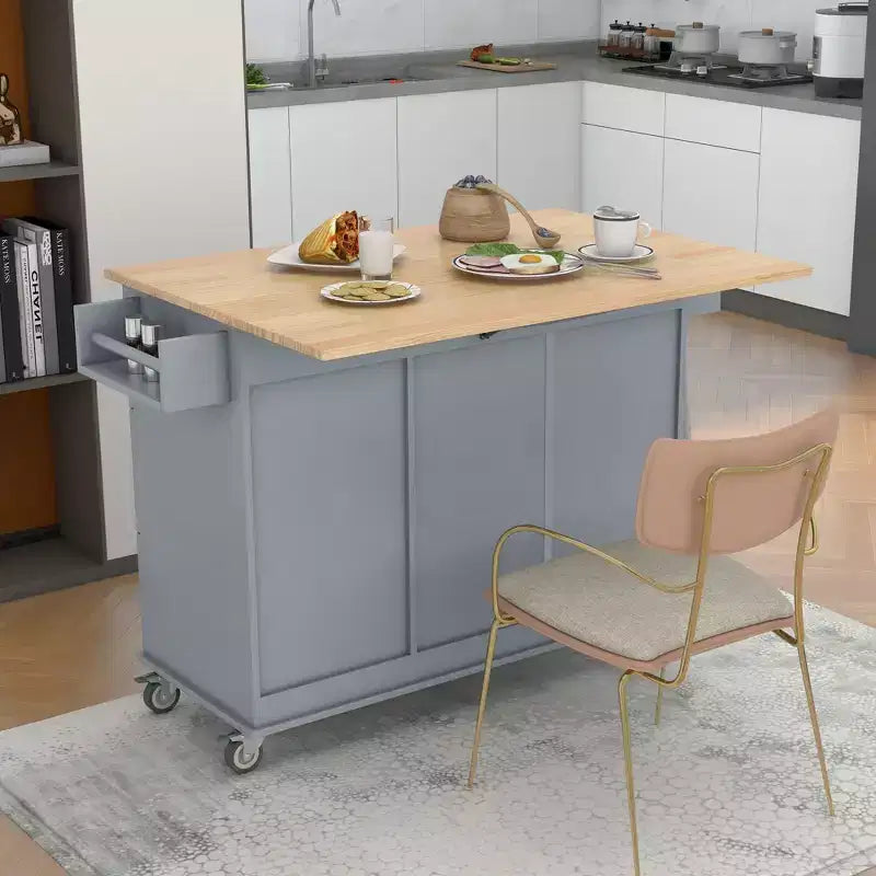 Carrello da Cucina con Piano in Legno e Banco Colazione a Ribalta, Isola da Cucina Mobile su Ruote con Contenitore e Portasciugamani