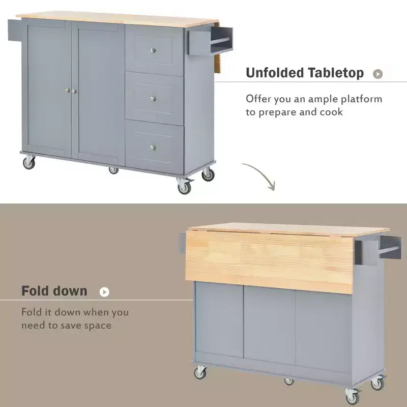 Carrello da Cucina con Piano in Legno e Banco Colazione a Ribalta, Isola da Cucina Mobile su Ruote con Contenitore e Portasciugamani