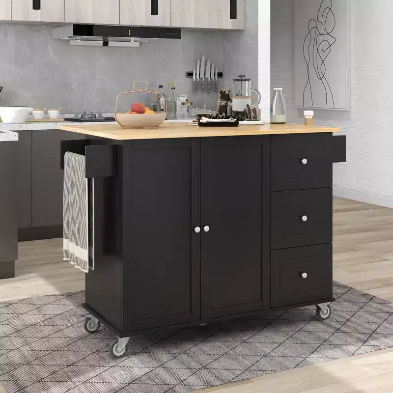 Carrello da Cucina con Piano in Legno e Banco Colazione a Ribalta, Isola da Cucina Mobile su Ruote con Contenitore e Portasciugamani