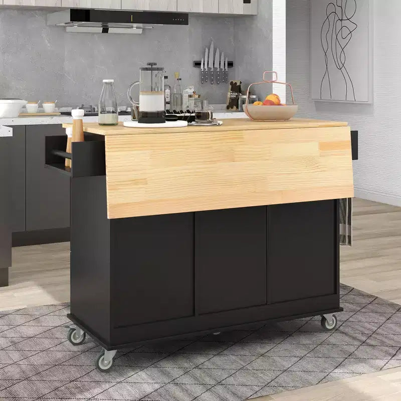 Carrello da Cucina con Piano in Legno e Banco Colazione a Ribalta, Isola da Cucina Mobile su Ruote con Contenitore e Portasciugamani