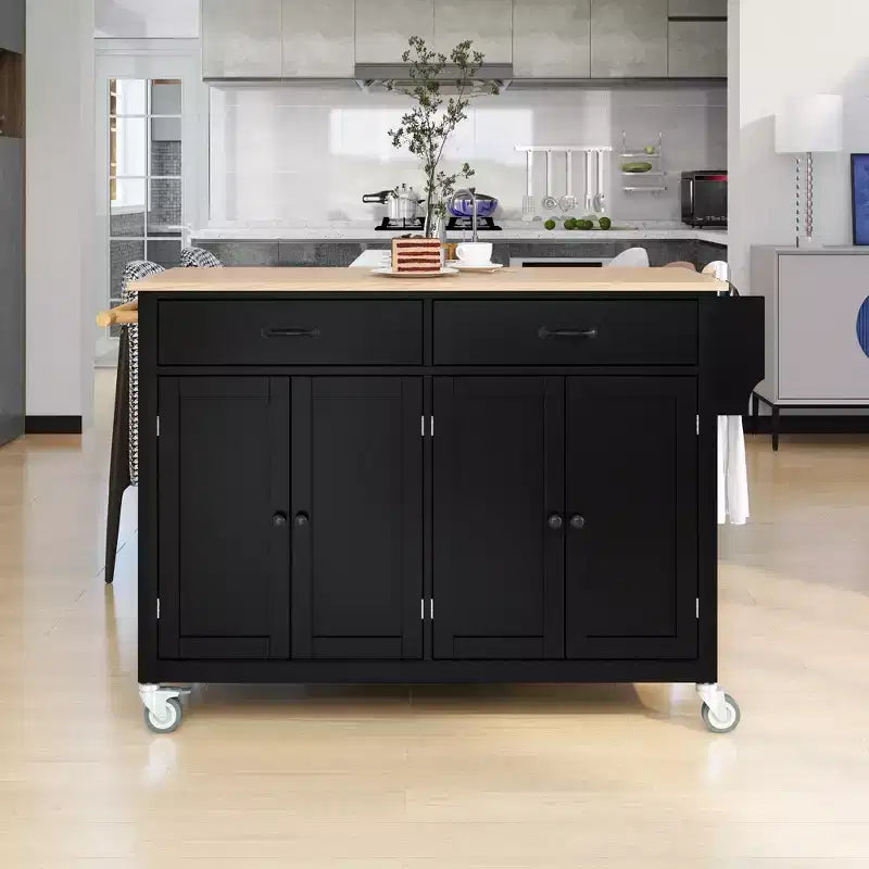 Carrello da Cucina con Ruote con Piano in Legno Massello e Ruote Bloccabili, Larghezza 137,9 cm, Armadietto a 4 Ante e Due Cassetti, Porta Spezie