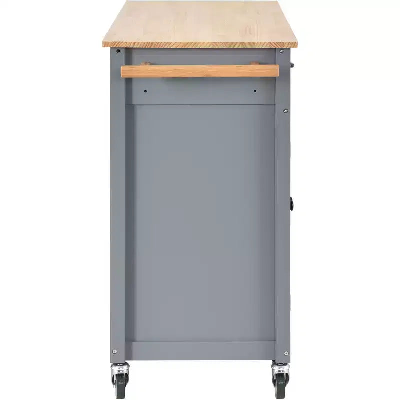 Carrello da Cucina con Ruote con Piano in Legno Massello e Ruote Bloccabili, Larghezza 137,9 cm, Armadietto a 4 Ante e Due Cassetti, Porta Spezie