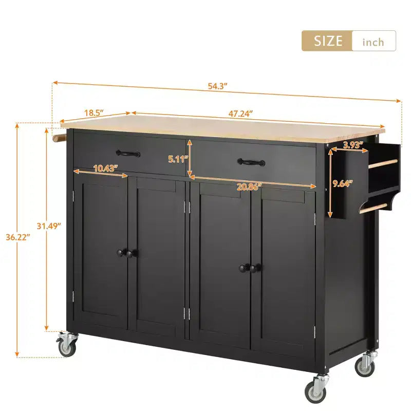Carrello da Cucina con Ruote con Piano in Legno Massello e Ruote Bloccabili, Larghezza 137,9 cm, Armadietto a 4 Ante e Due Cassetti, Porta Spezie