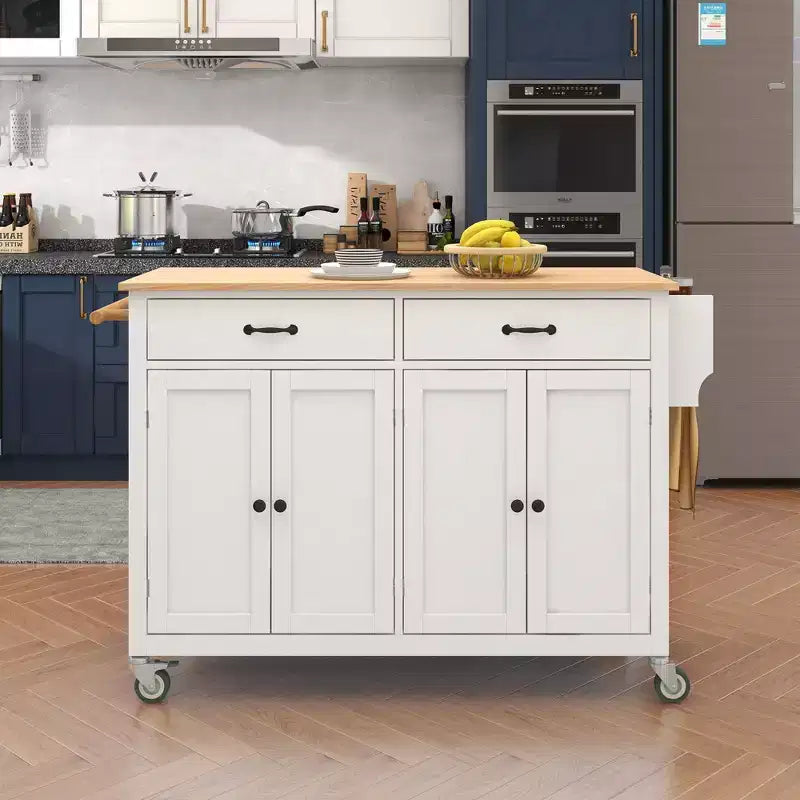 Carrello da Cucina con Ruote con Piano in Legno Massello e Ruote Bloccabili, Larghezza 137,9 cm, Armadietto a 4 Ante e Due Cassetti, Porta Spezie