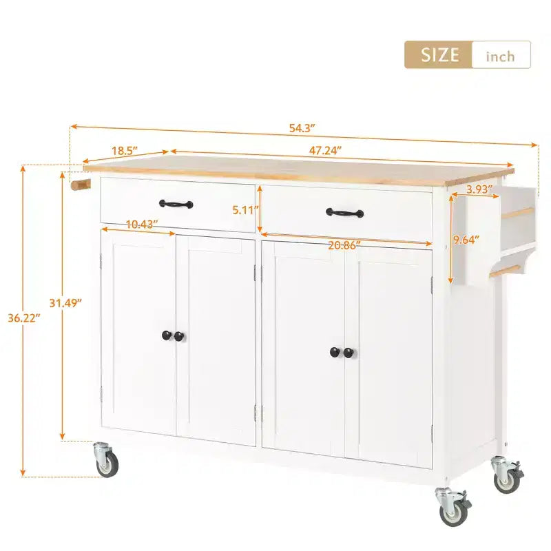 Carrello da Cucina con Ruote con Piano in Legno Massello e Ruote Bloccabili, Larghezza 137,9 cm, Armadietto a 4 Ante e Due Cassetti, Porta Spezie