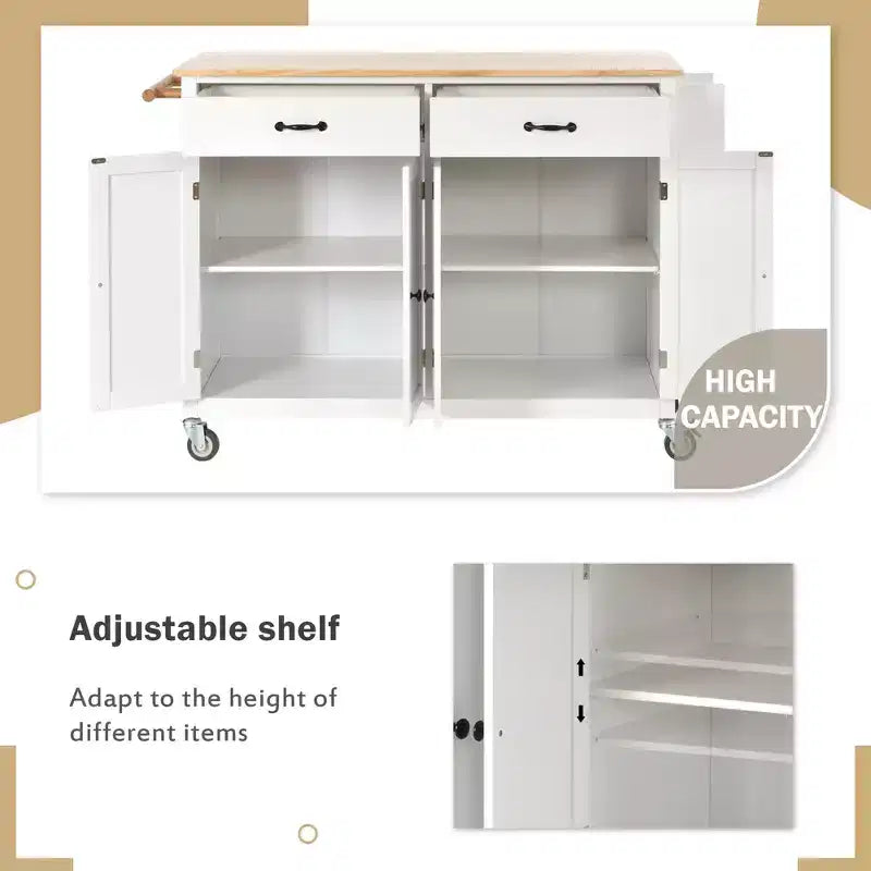 Carrello da Cucina con Ruote con Piano in Legno Massello e Ruote Bloccabili, Larghezza 137,9 cm, Armadietto a 4 Ante e Due Cassetti, Porta Spezie