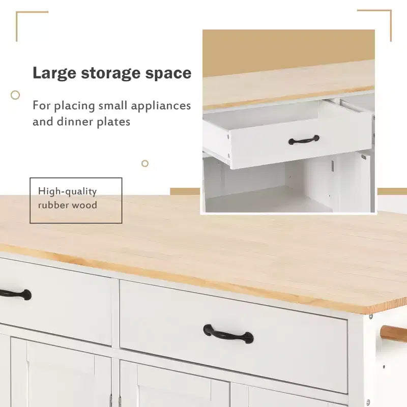 Carrello da Cucina con Ruote con Piano in Legno Massello e Ruote Bloccabili, Larghezza 137,9 cm, Armadietto a 4 Ante e Due Cassetti, Porta Spezie