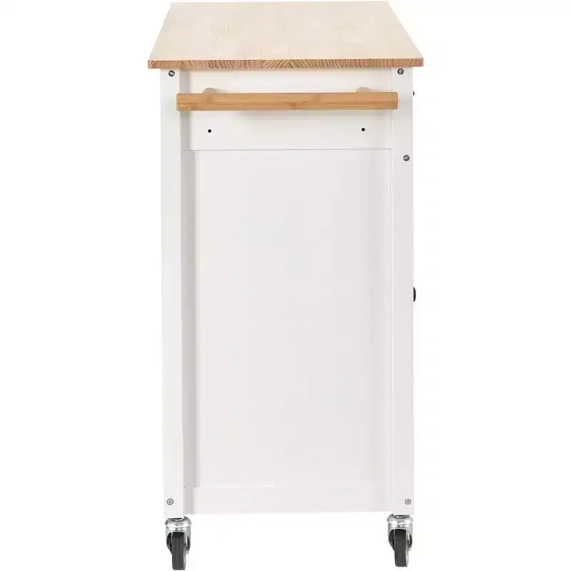 Carrello da Cucina con Ruote con Piano in Legno Massello e Ruote Bloccabili, Larghezza 137,9 cm, Armadietto a 4 Ante e Due Cassetti, Porta Spezie