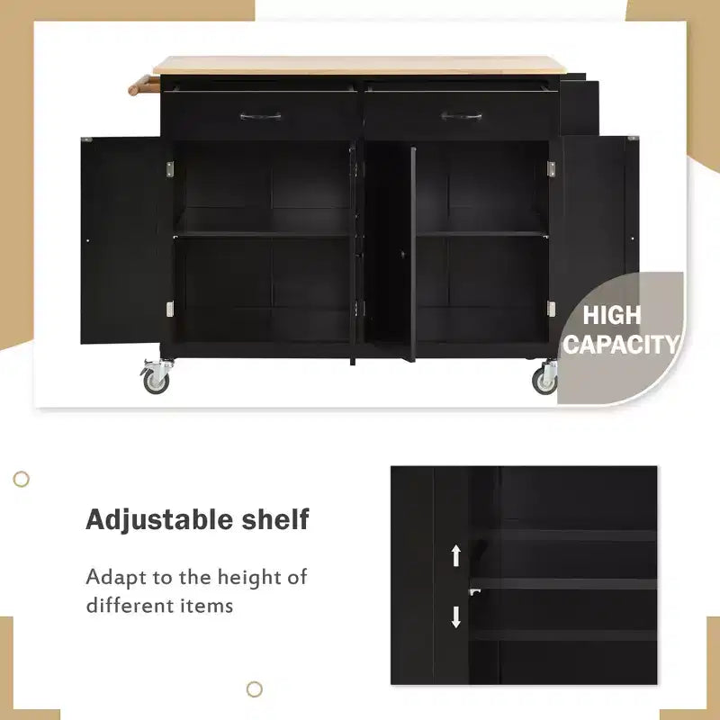 Carrello da Cucina con Ruote con Piano in Legno Massello e Ruote Bloccabili, Larghezza 137,9 cm, Armadietto a 4 Ante e Due Cassetti, Porta Spezie