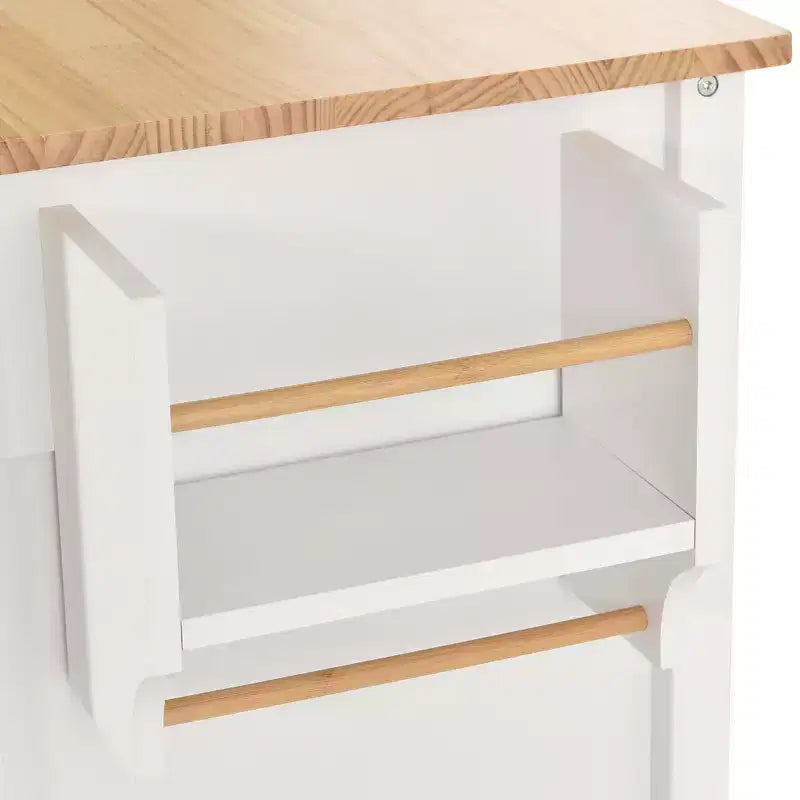 Carrello da Cucina con Ruote con Piano in Legno Massello e Ruote Bloccabili, Larghezza 137,9 cm, Armadietto a 4 Ante e Due Cassetti, Porta Spezie