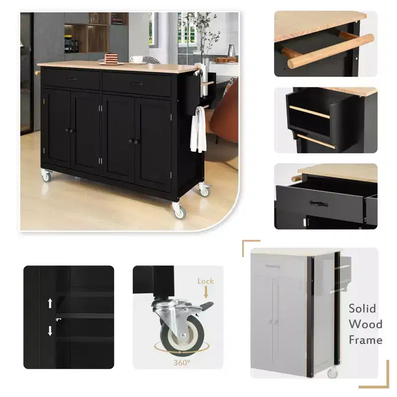 Carrello da Cucina con Ruote con Piano in Legno Massello e Ruote Bloccabili, Larghezza 137,9 cm, Armadietto a 4 Ante e Due Cassetti, Porta Spezie