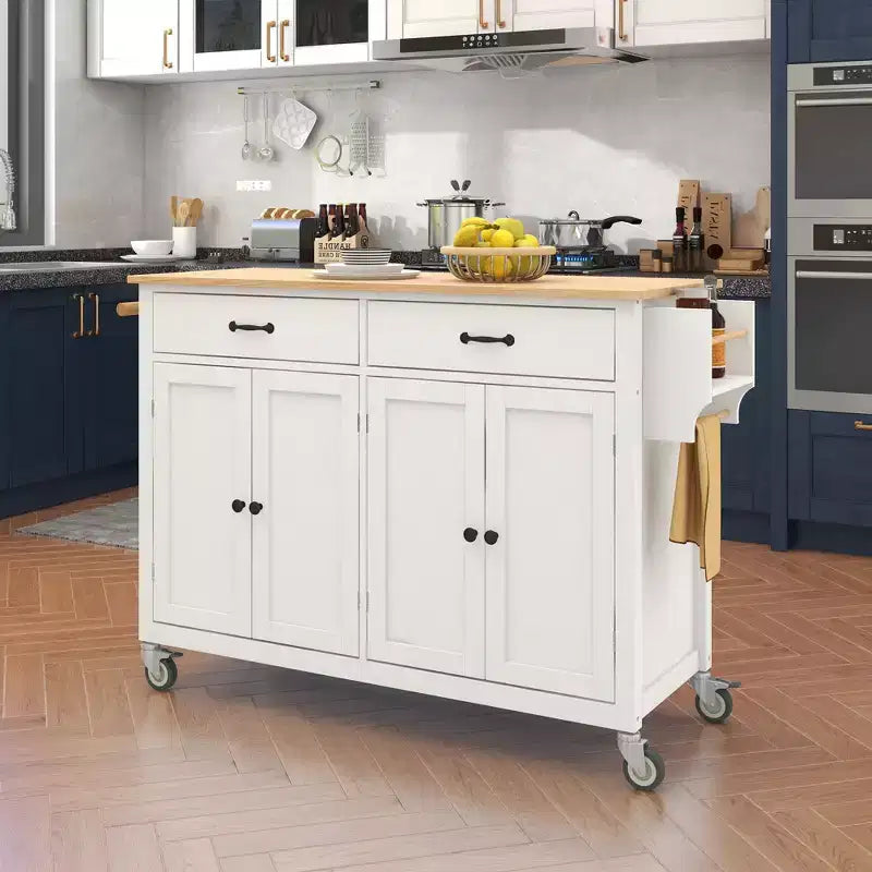 Carrello da Cucina con Ruote con Piano in Legno Massello e Ruote Bloccabili, Larghezza 137,9 cm, Armadietto a 4 Ante e Due Cassetti, Porta Spezie