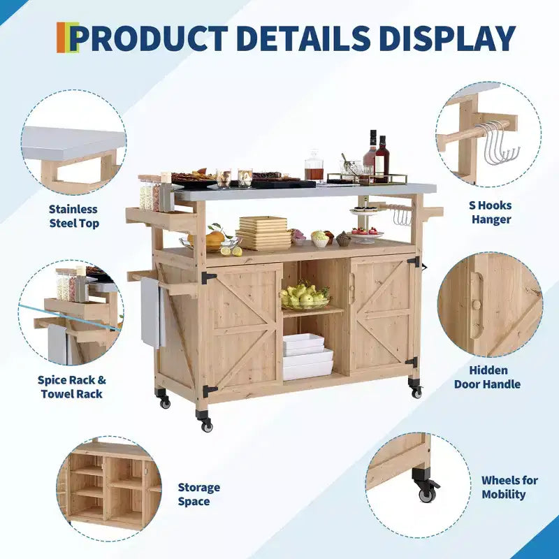 Outdoor Grill Cart with Storage Cabinet, Kitchen Island, Grill Cart Table with Stainless Steel Table Top, Spice Rack, Towel Rack & Lockable Wheels
