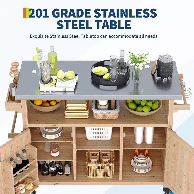 Outdoor Grill Cart with Storage Cabinet, Kitchen Island, Grill Cart Table with Stainless Steel Table Top, Spice Rack, Towel Rack & Lockable Wheels