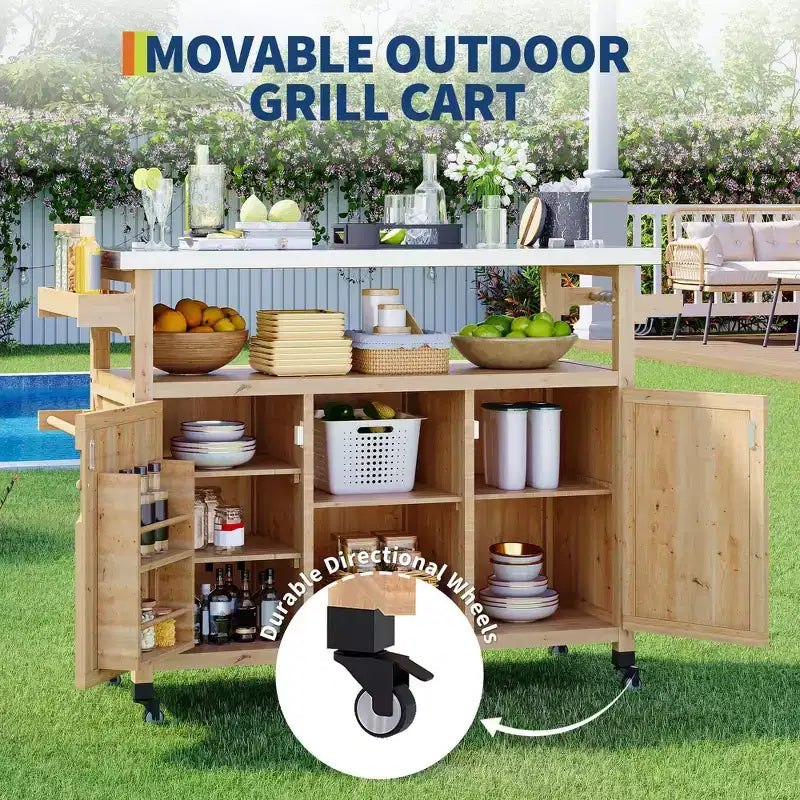 Outdoor Grill Cart with Storage Cabinet, Kitchen Island, Grill Cart Table with Stainless Steel Table Top, Spice Rack, Towel Rack & Lockable Wheels