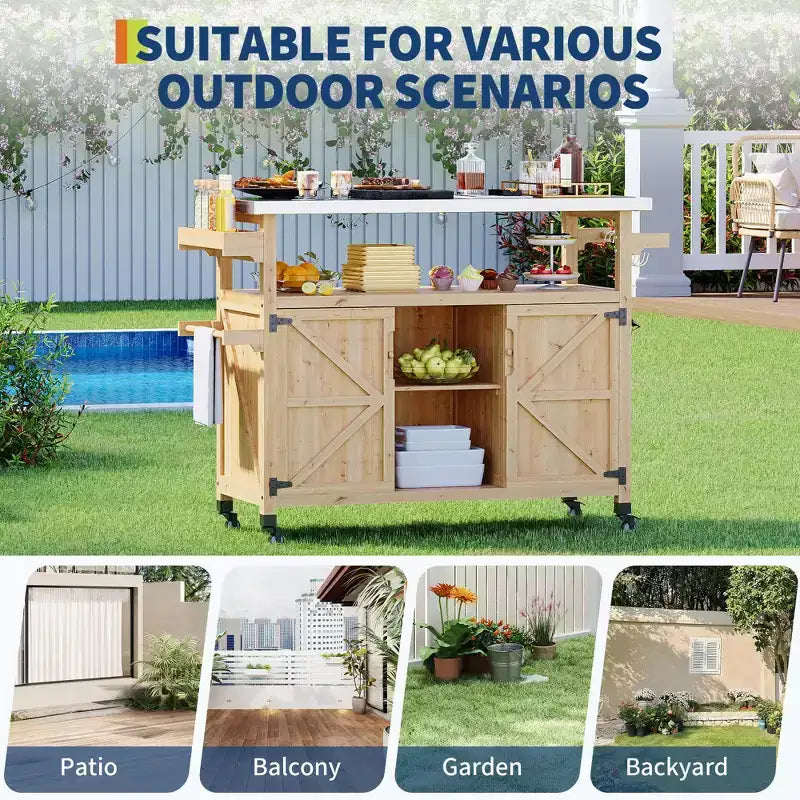 Outdoor Grill Cart with Storage Cabinet, Kitchen Island, Grill Cart Table with Stainless Steel Table Top, Spice Rack, Towel Rack & Lockable Wheels