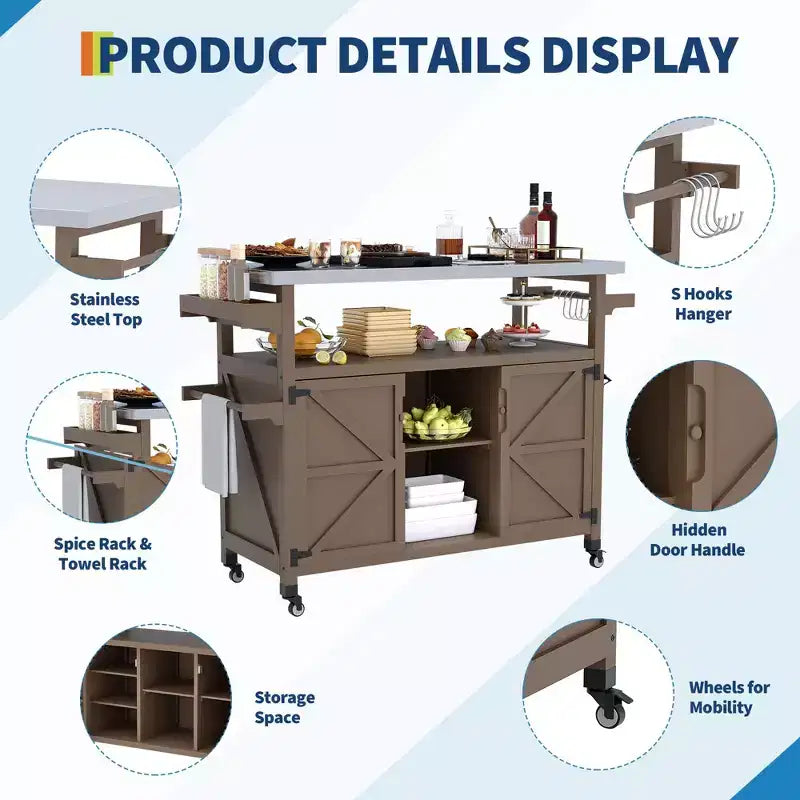 Outdoor Grill Cart with Storage Cabinet, Kitchen Island, Grill Cart Table with Stainless Steel Table Top, Spice Rack, Towel Rack & Lockable Wheels