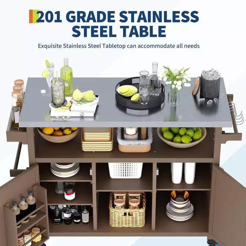 Outdoor Grill Cart with Storage Cabinet, Kitchen Island, Grill Cart Table with Stainless Steel Table Top, Spice Rack, Towel Rack & Lockable Wheels