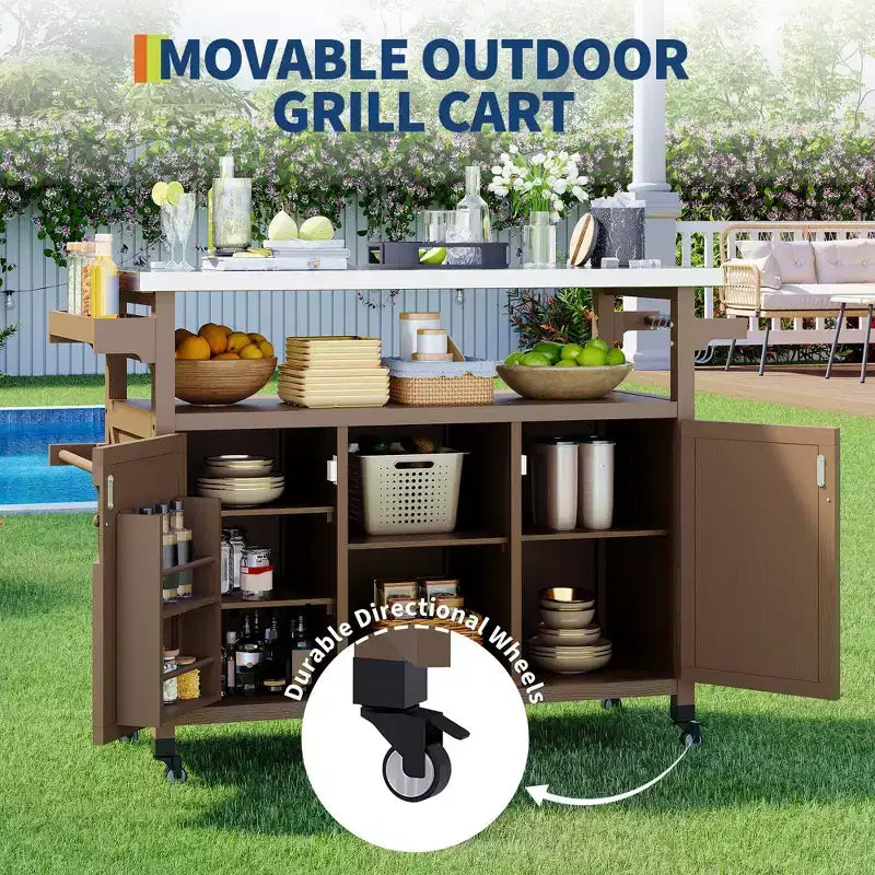 Outdoor Grill Cart with Storage Cabinet, Kitchen Island, Grill Cart Table with Stainless Steel Table Top, Spice Rack, Towel Rack & Lockable Wheels